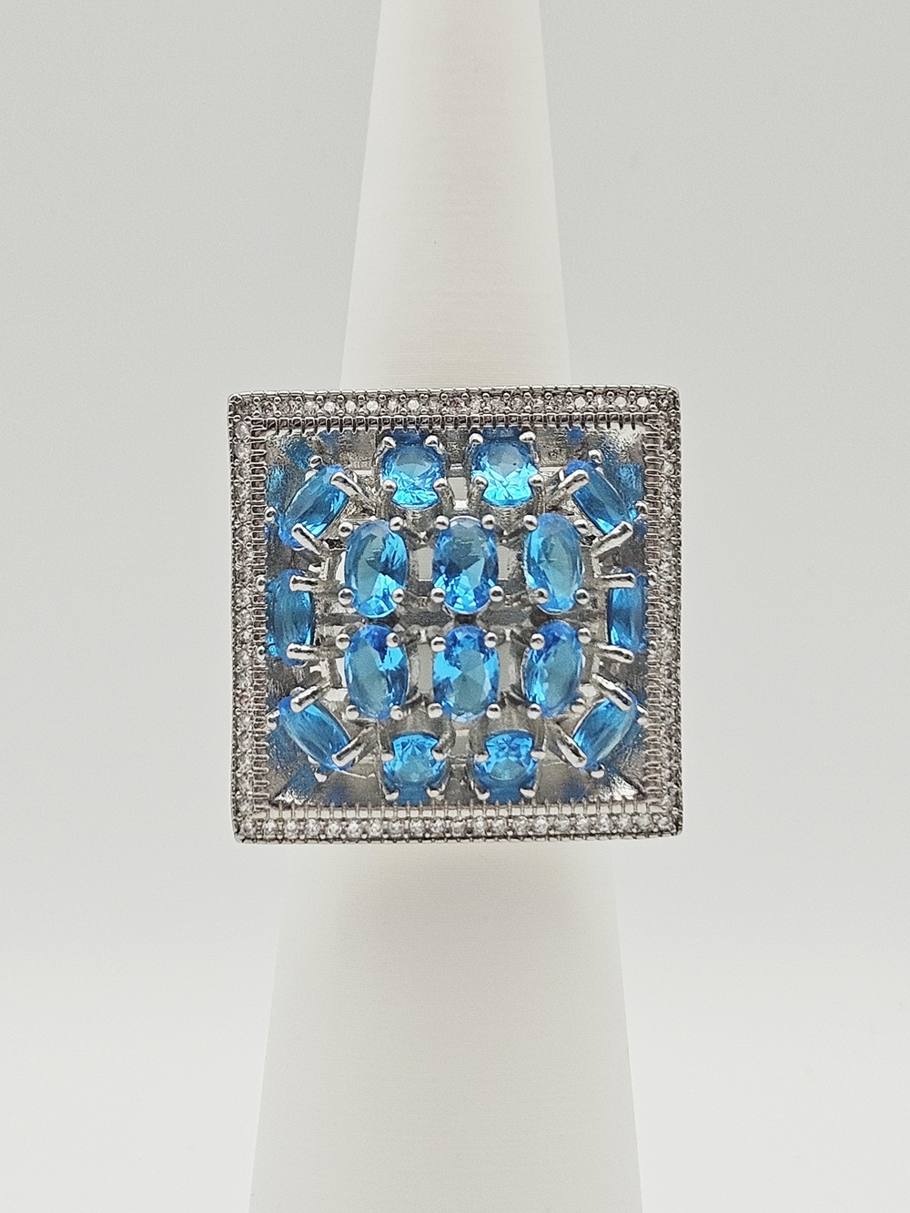 Blue Square Cluster Stone Ring - Silver Tone